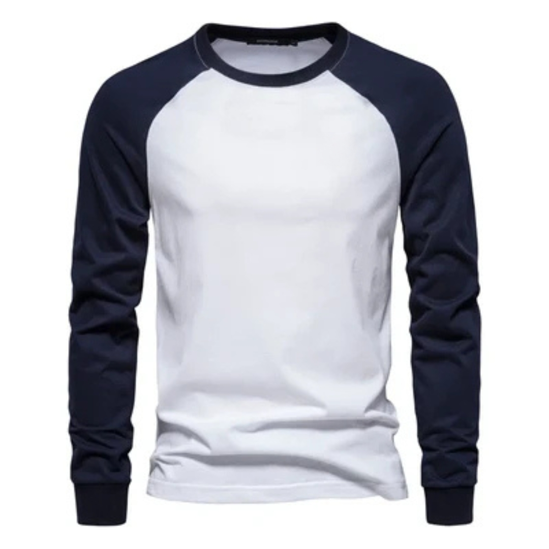 Camiseta Raglan masculina de mangas compridas - mangas em contraste, gola careca, modelagem slim, logotipo no peito