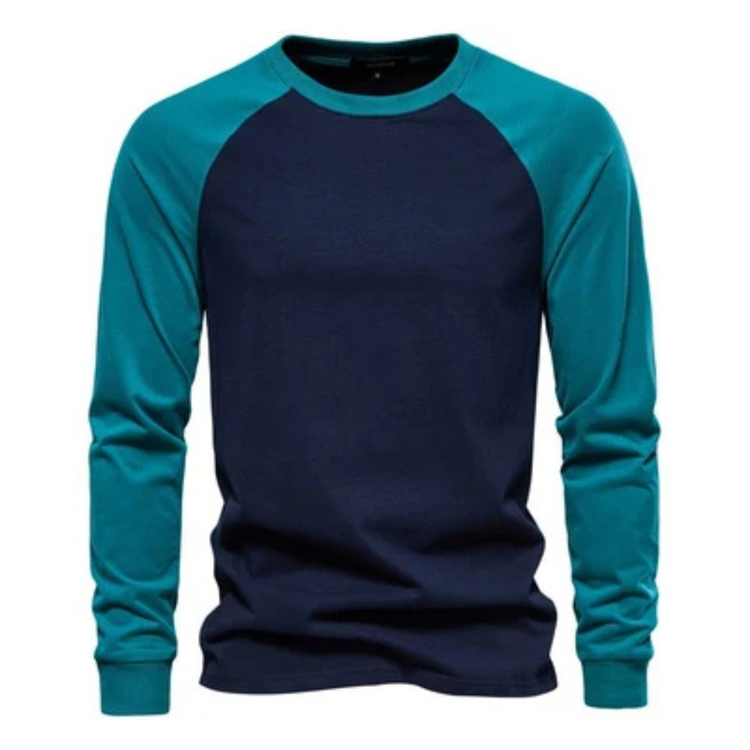 Camiseta Raglan masculina de mangas compridas - mangas em contraste, gola careca, modelagem slim, logotipo no peito