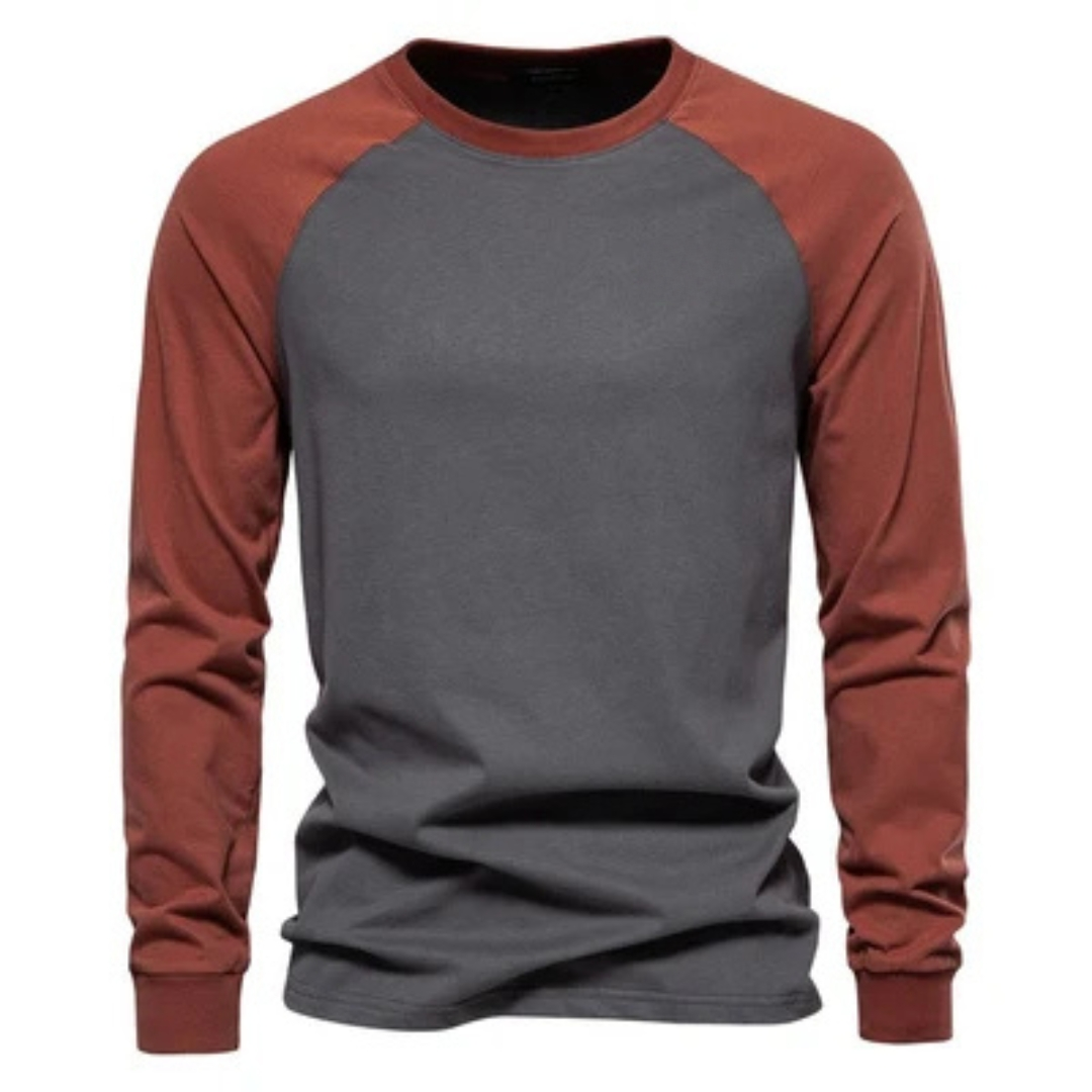 Camiseta Raglan masculina de mangas compridas - mangas em contraste, gola careca, modelagem slim, logotipo no peito