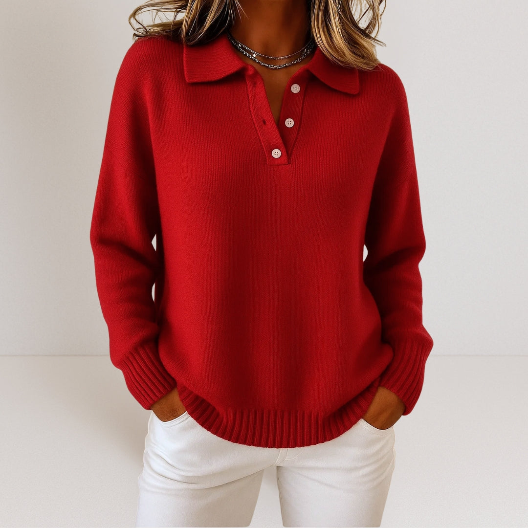 Camisola para mulher com gola polo, fecho de botões e corte descontraído