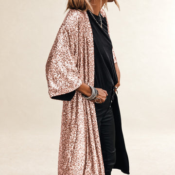 Cardigã feminino de comprimento até panturrilha com abertura frontal, mangas em sino e adorno refletivo