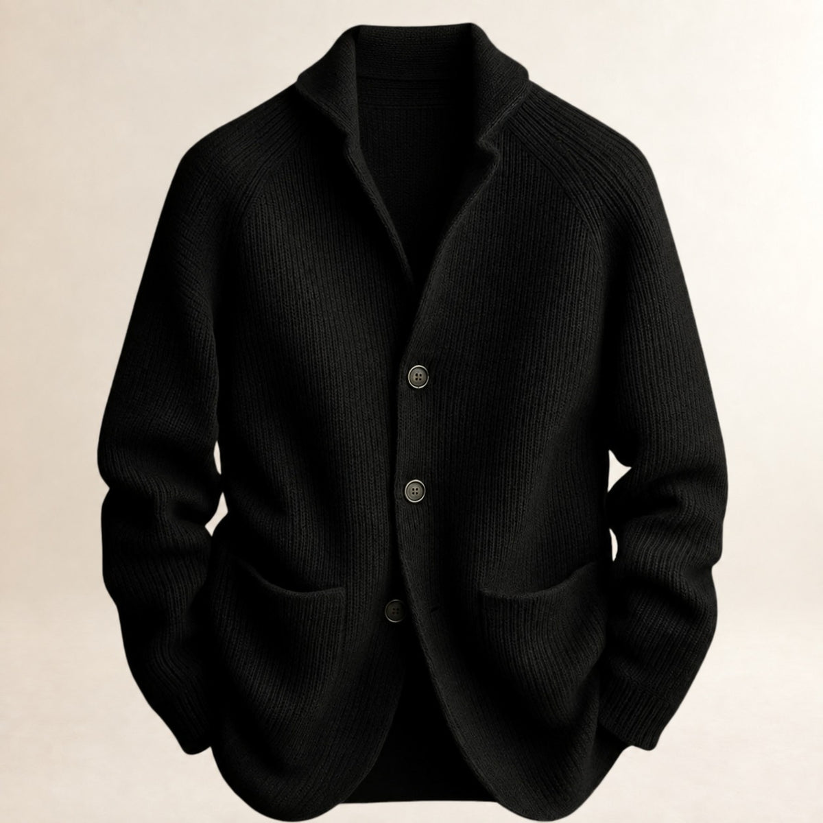 Cardigã masculino com botões na frente, gola Shawl, mangas Raglan e bolsos aplicados - ajuste tailored