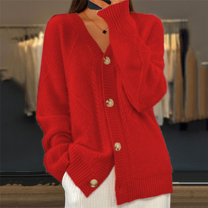 Cardigan de mulher com V | fechamento por botões dianteiros, faixa de cable trim e padrões em painel diamante, silhueta relaxed