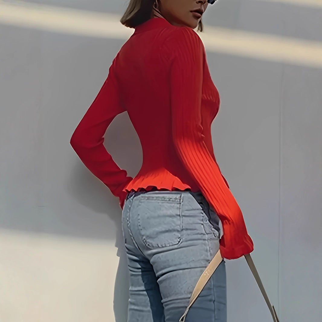 Cardigan feminino com botões, decote V, manga longa e acabamento franzido