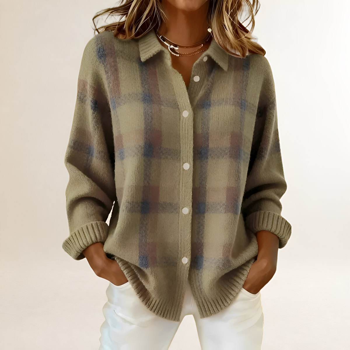 Cardigan feminino com padrão xadrez, fechamento de botões e caimento relaxed