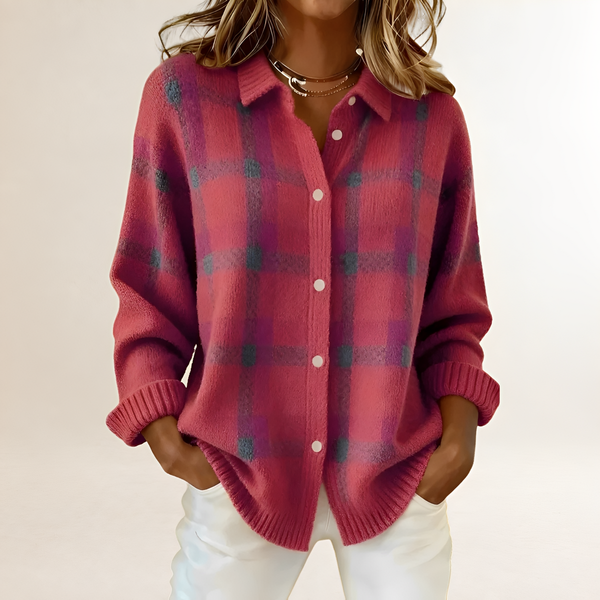 Cardigan feminino com padrão xadrez, fechamento de botões e caimento relaxed