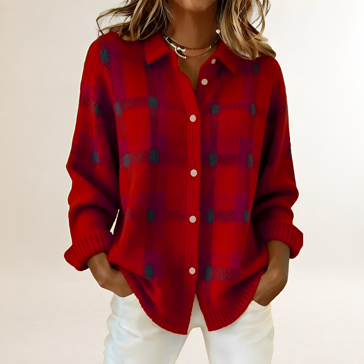 Cardigan feminino com padrão xadrez, fechamento de botões e caimento relaxed