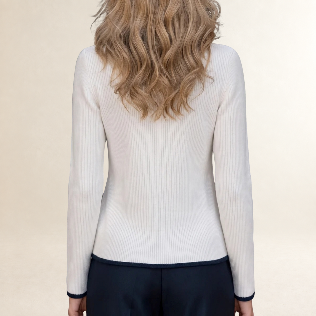 Cardigan feminino de manga longa com zíper frontal, gola alta e acabamento contrastante