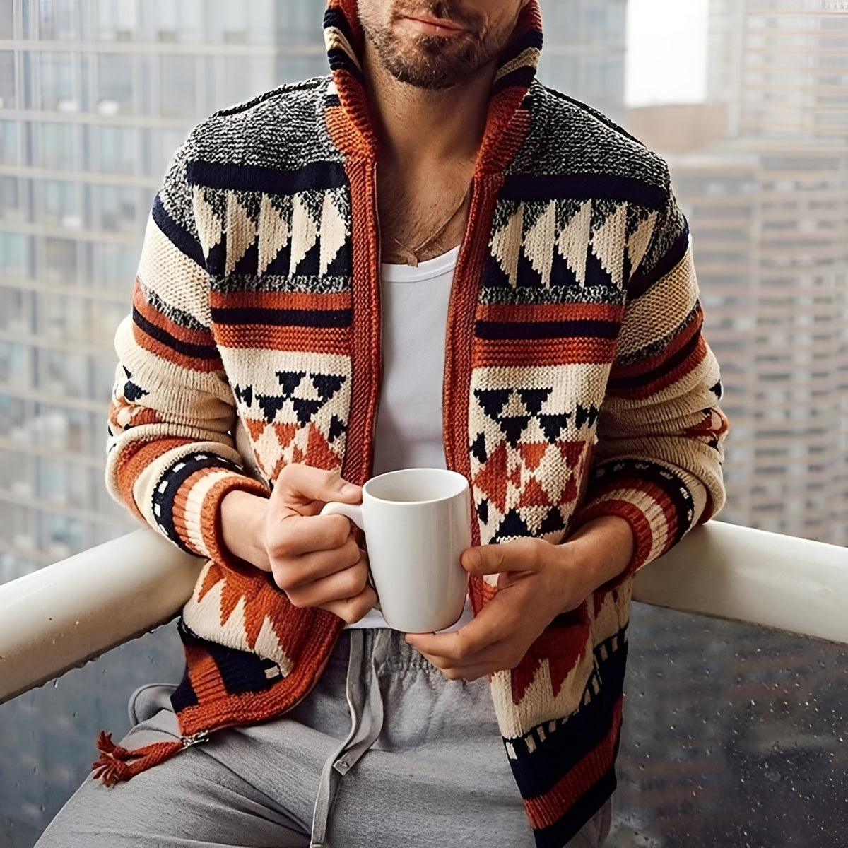 Cardigan masculino com fechamento de zíper e padrão geométrico