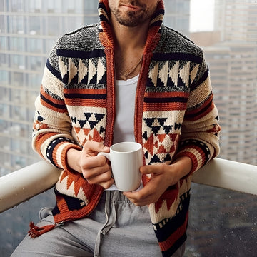 Cardigan masculino com fechamento de zíper e padrão geométrico