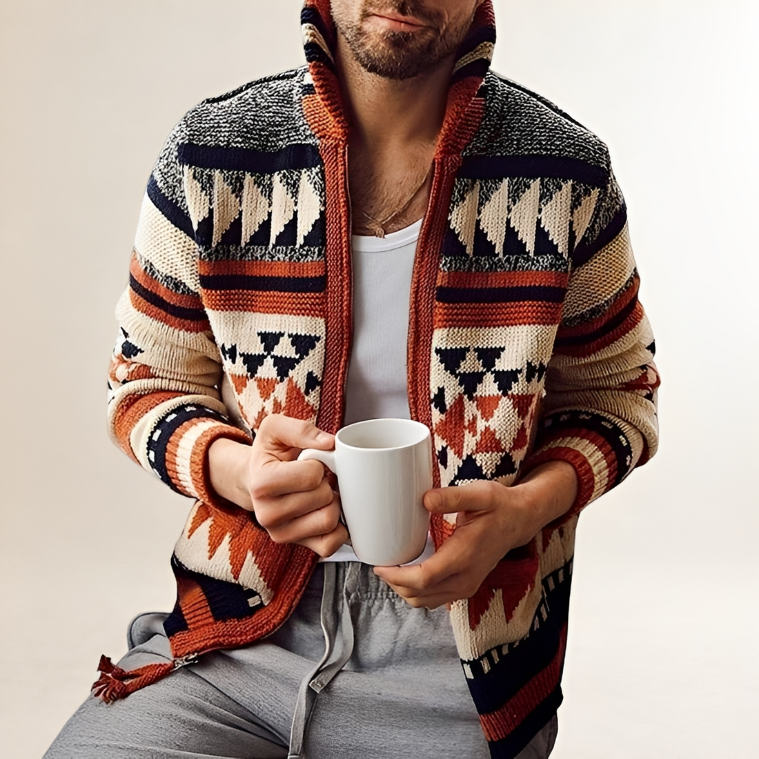 Cardigan masculino com fechamento de zíper e padrão geométrico
