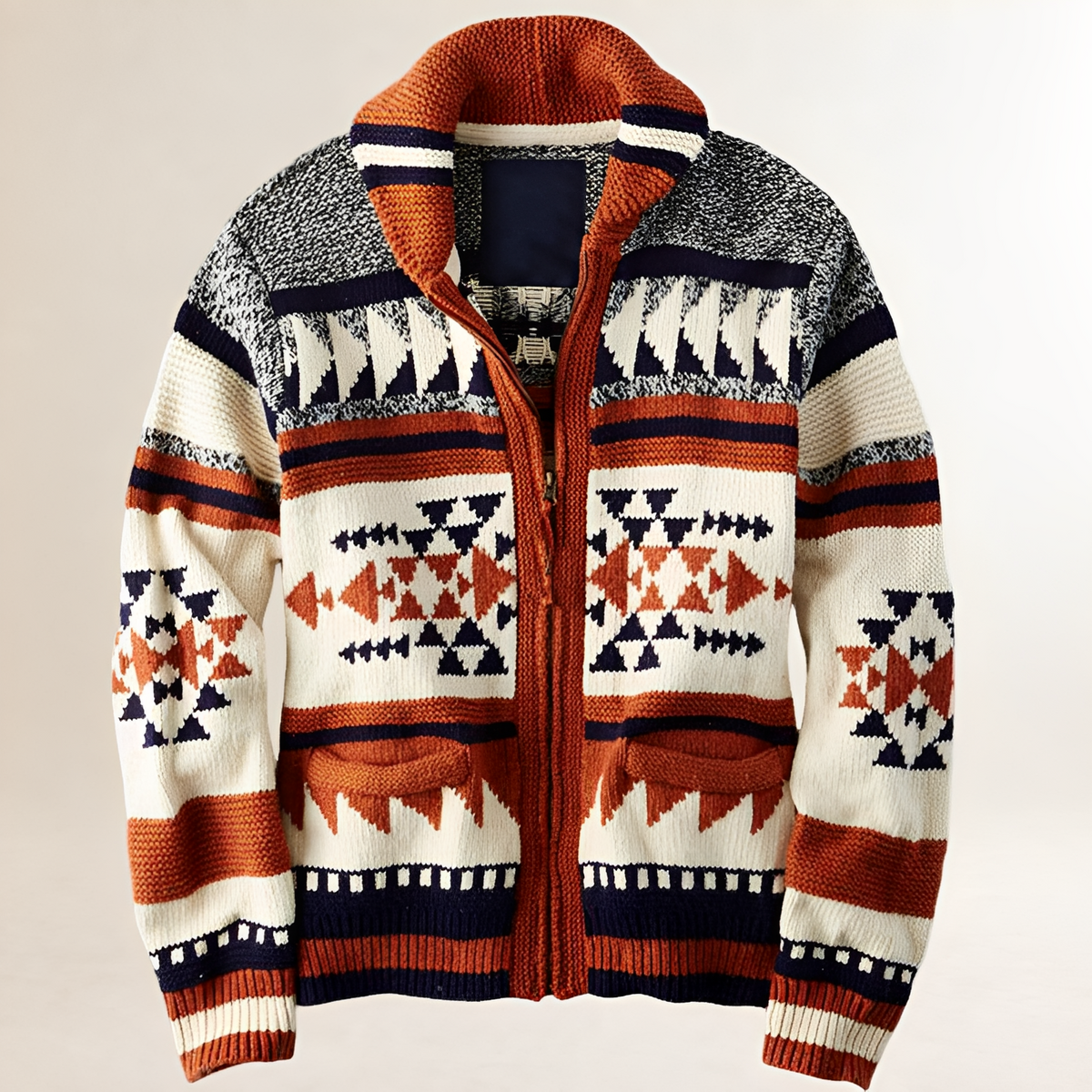 Cardigan masculino com fechamento de zíper e padrão geométrico