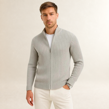 Cardigan masculino com fechamento por zíper - gola alta, ajuste moderno, manga longa e textura riscada