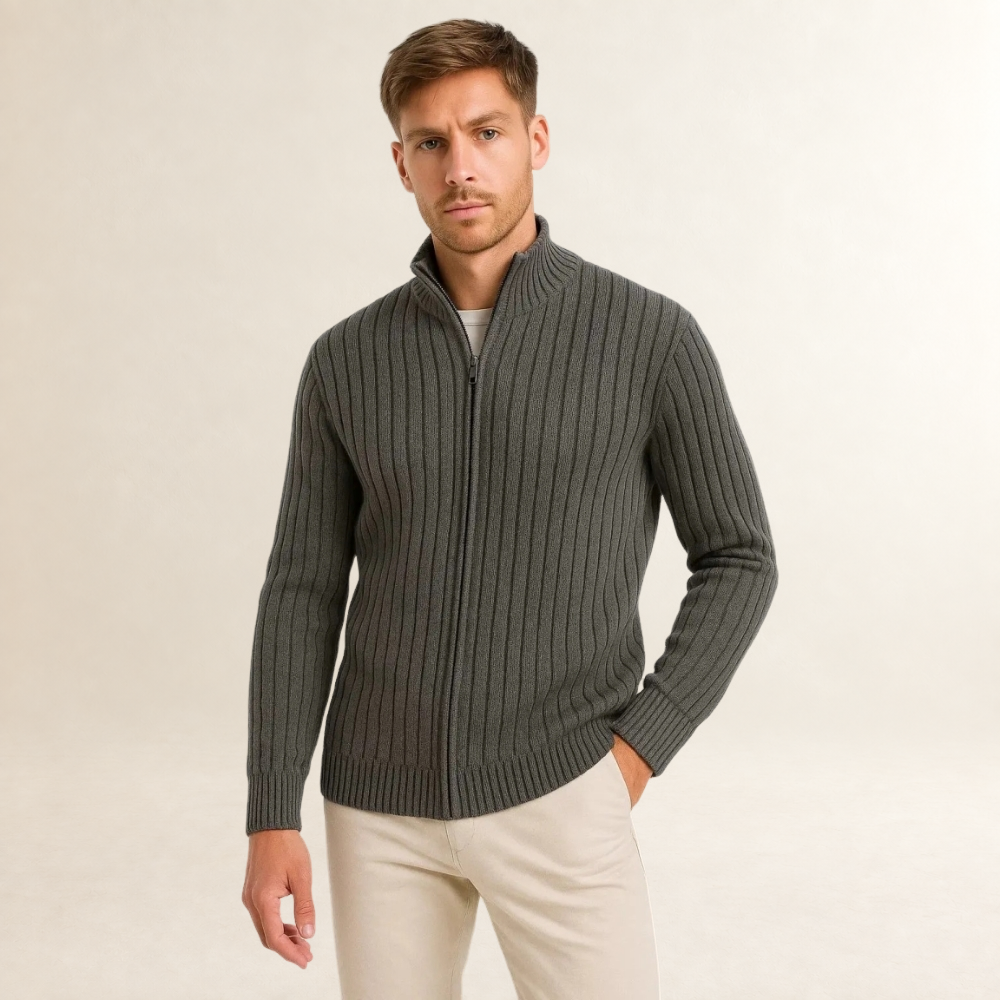 Cardigan masculino com fechamento por zíper - gola alta, ajuste moderno, manga longa e textura riscada