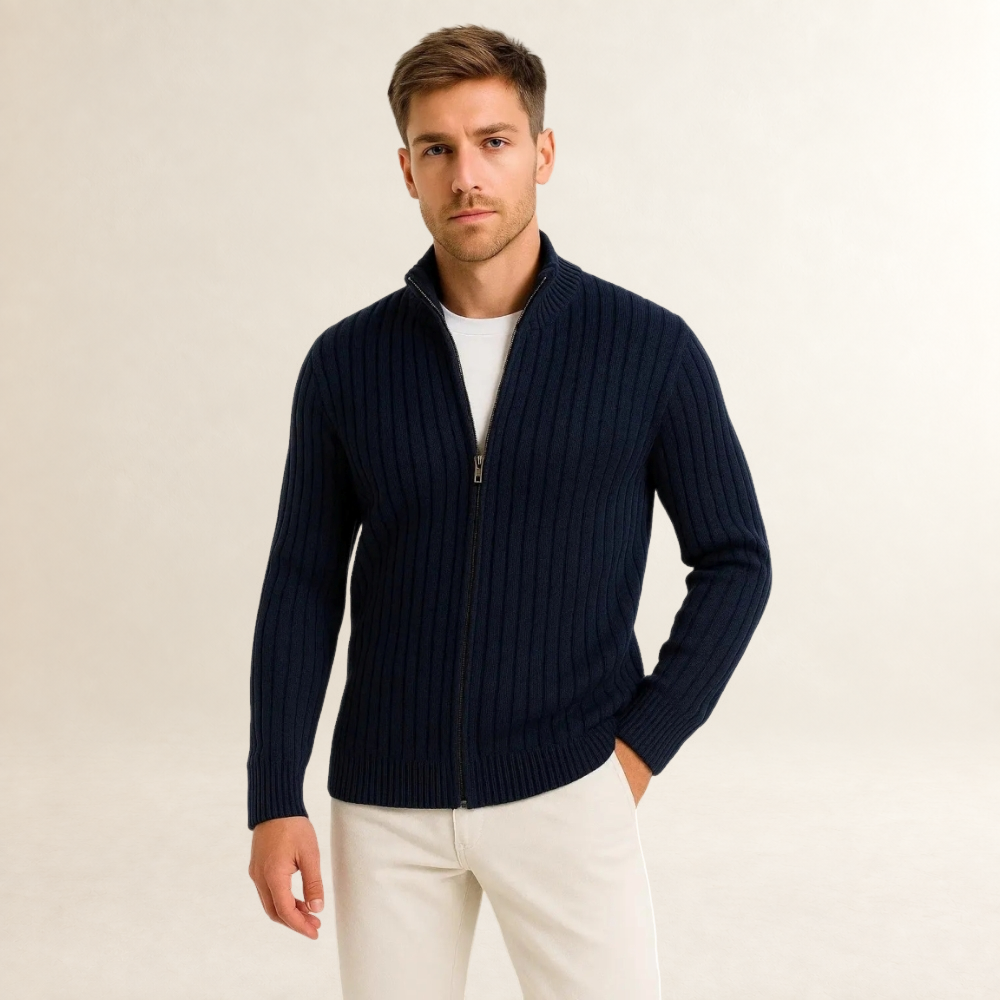 Cardigan masculino com fechamento por zíper - gola alta, ajuste moderno, manga longa e textura riscada