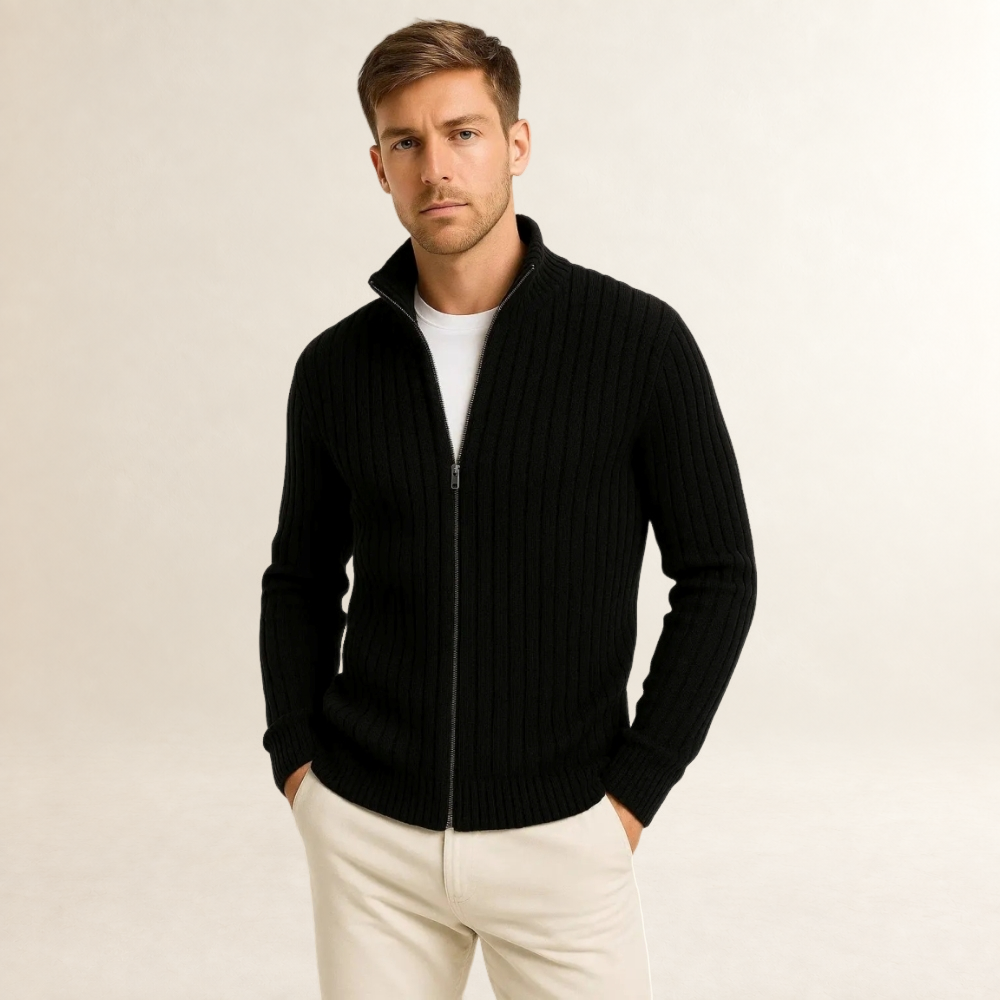 Cardigan masculino com fechamento por zíper - gola alta, ajuste moderno, manga longa e textura riscada