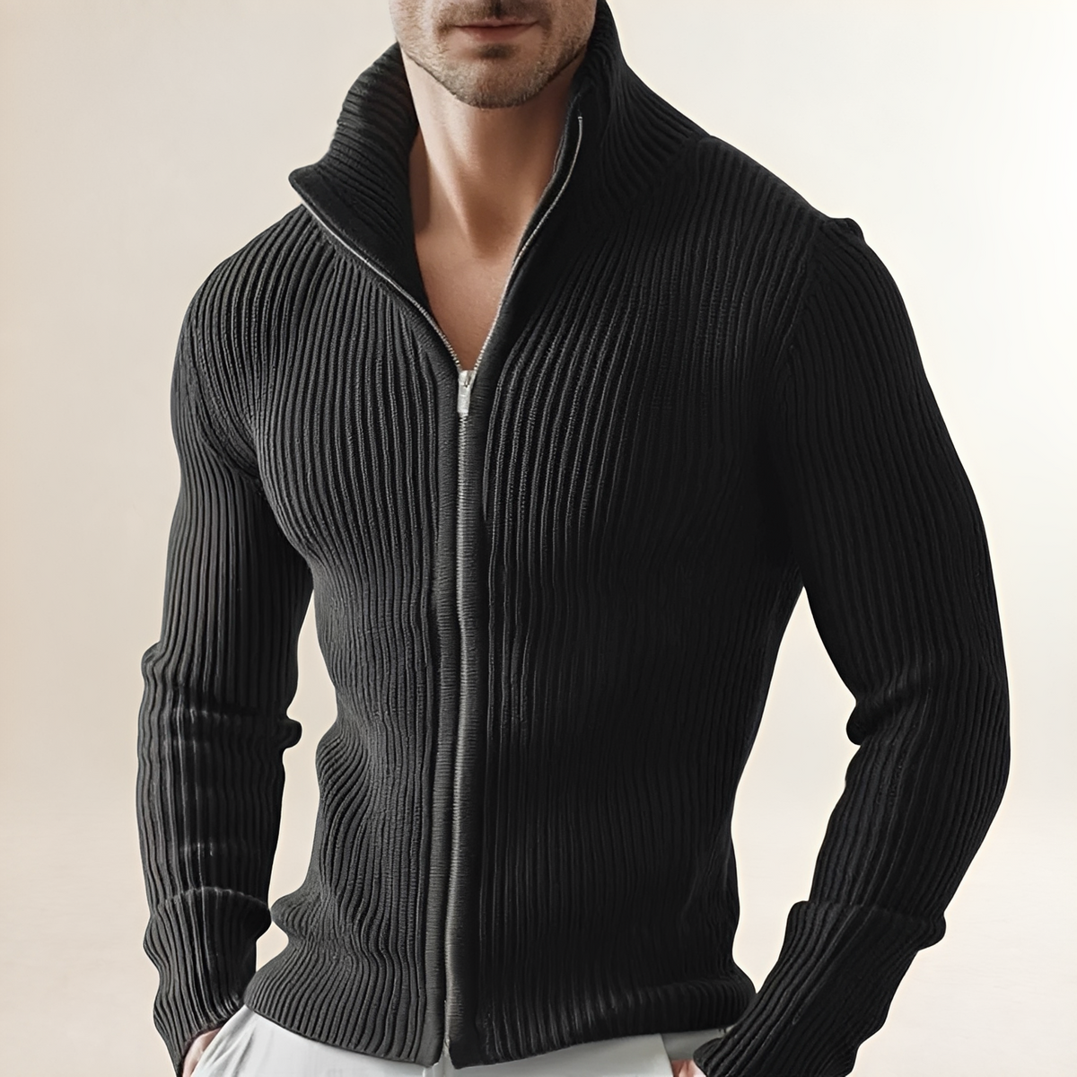 Cardigan masculino com zíper, gola alta, ajuste slim e textura riscada