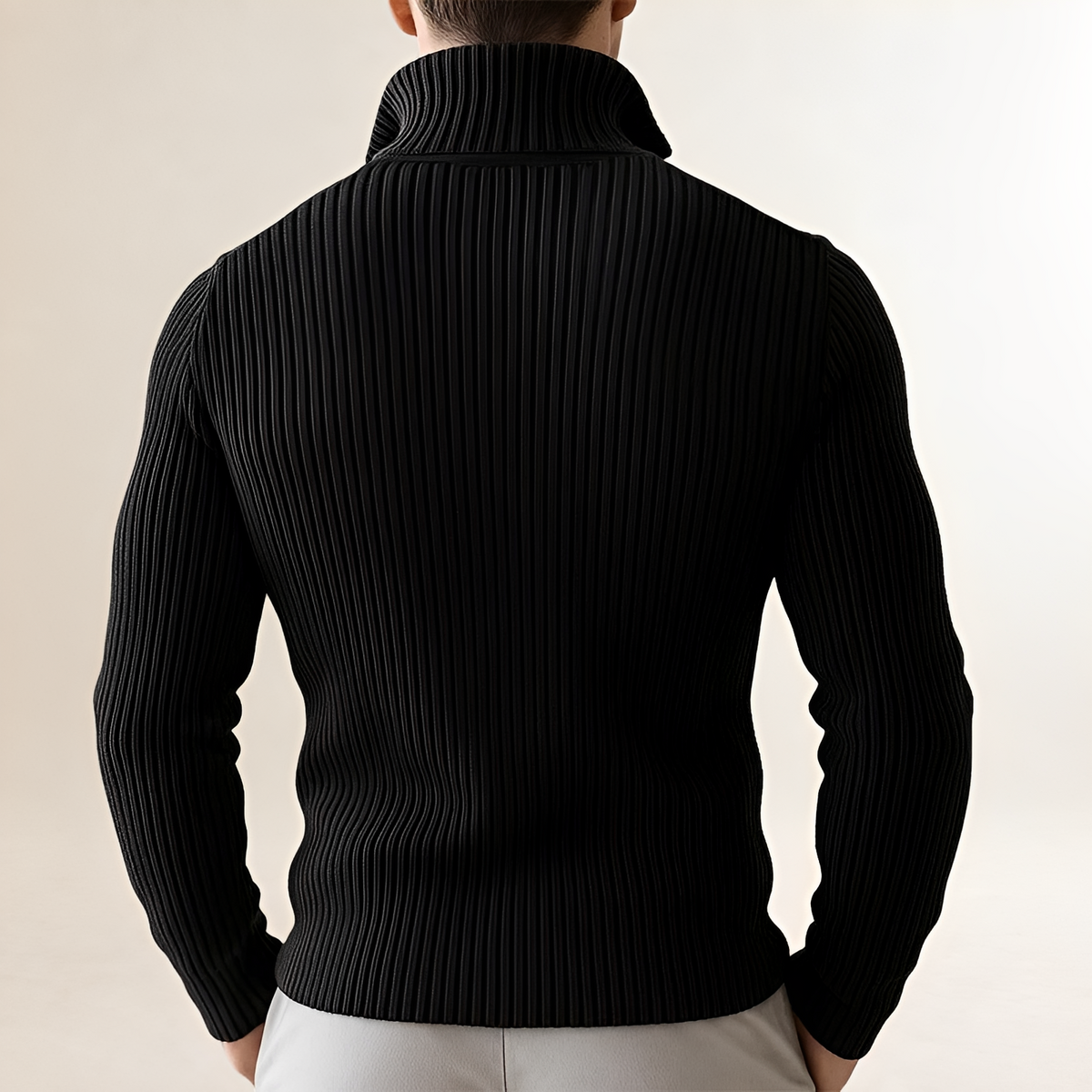 Cardigan masculino com zíper, gola alta, ajuste slim e textura riscada