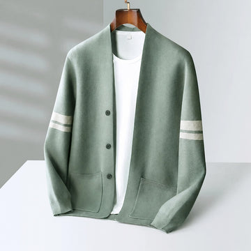 Cardigan masculino de botões com listras contrastantes, corte relaxado