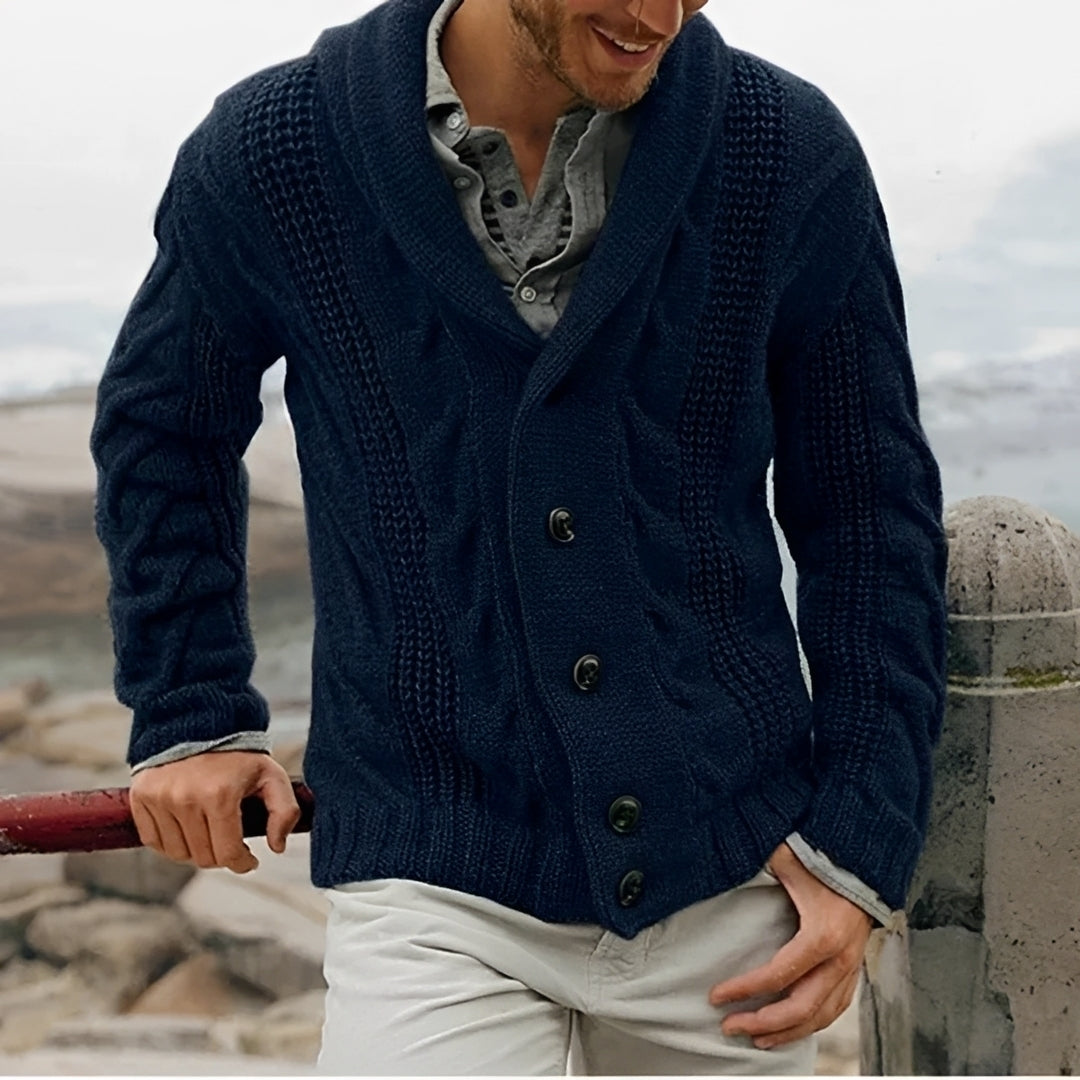 Cardigan masculino de gola xale com botões, padrão texturizado e corte relaxado