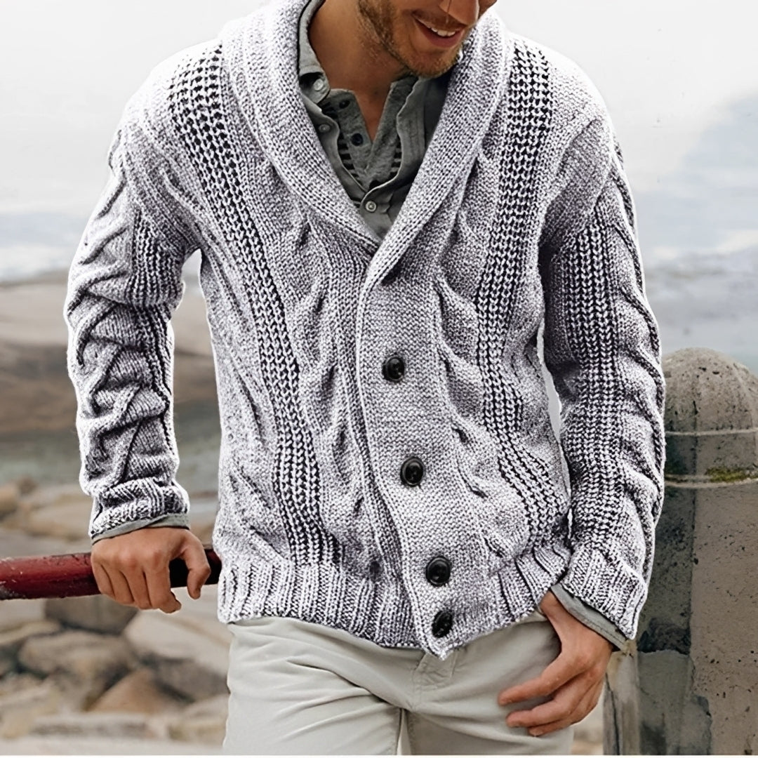Cardigan masculino de gola xale com botões, padrão texturizado e corte relaxado