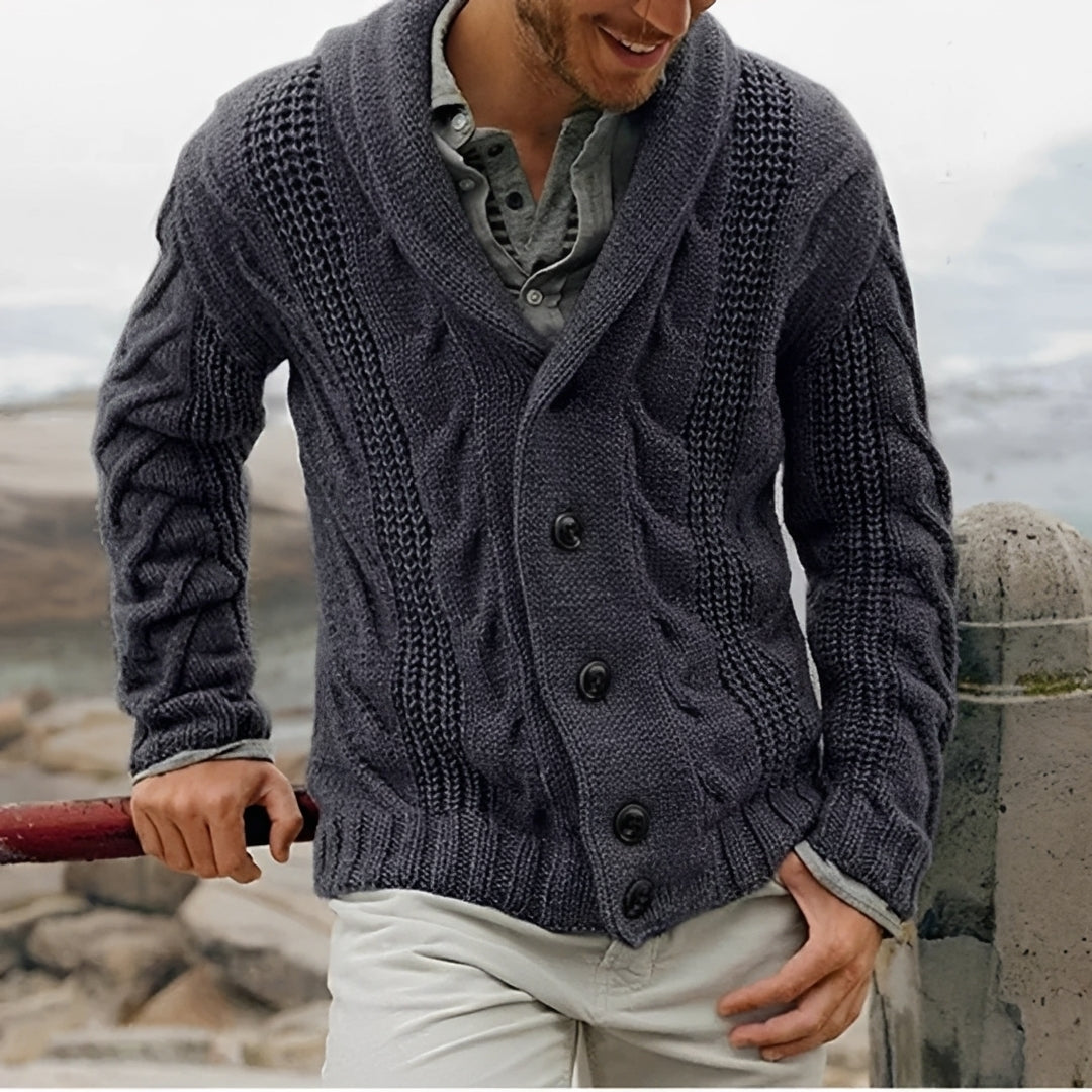 Cardigan masculino de gola xale com botões, padrão texturizado e corte relaxado
