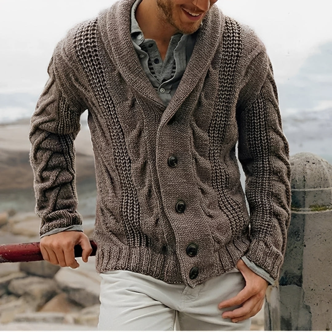 Cardigan masculino de gola xale com botões, padrão texturizado e corte relaxado