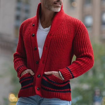 Cardigan masculino de tricô com gola shawl, fecho de botão único e caimento ajustado