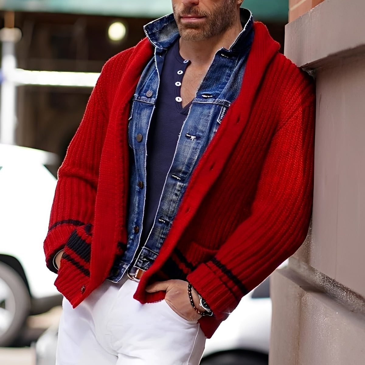 Cardigan masculino de tricô com gola shawl, fecho de botão único e caimento ajustado