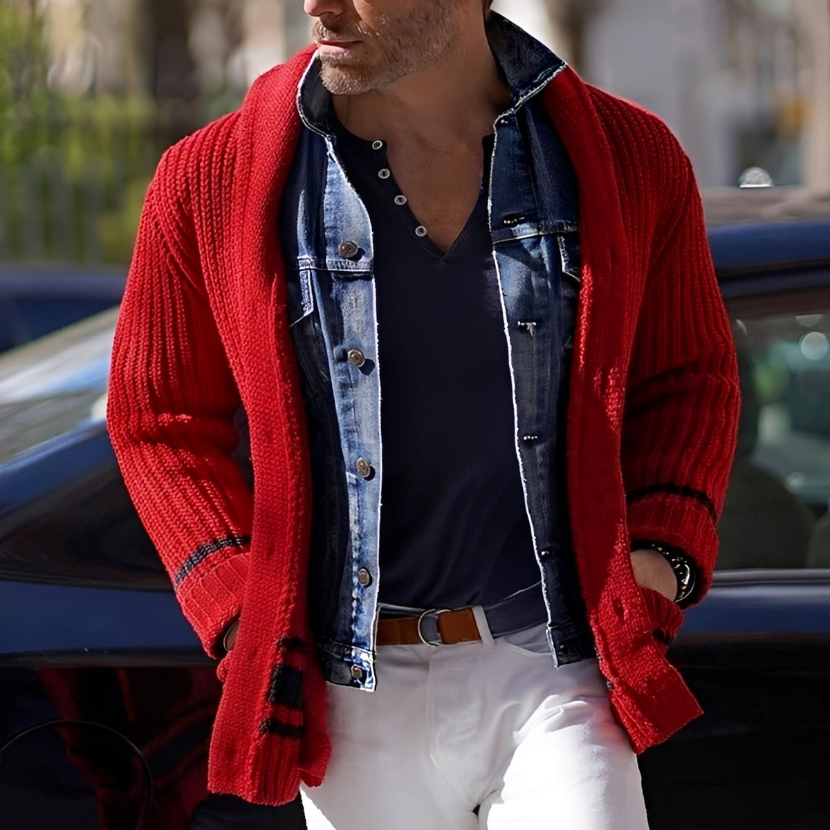 Cardigan masculino de tricô com gola shawl, fecho de botão único e caimento ajustado