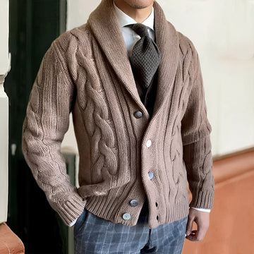 Cardigan masculino de tricô com gola xale e fechamento de botões - corte regular