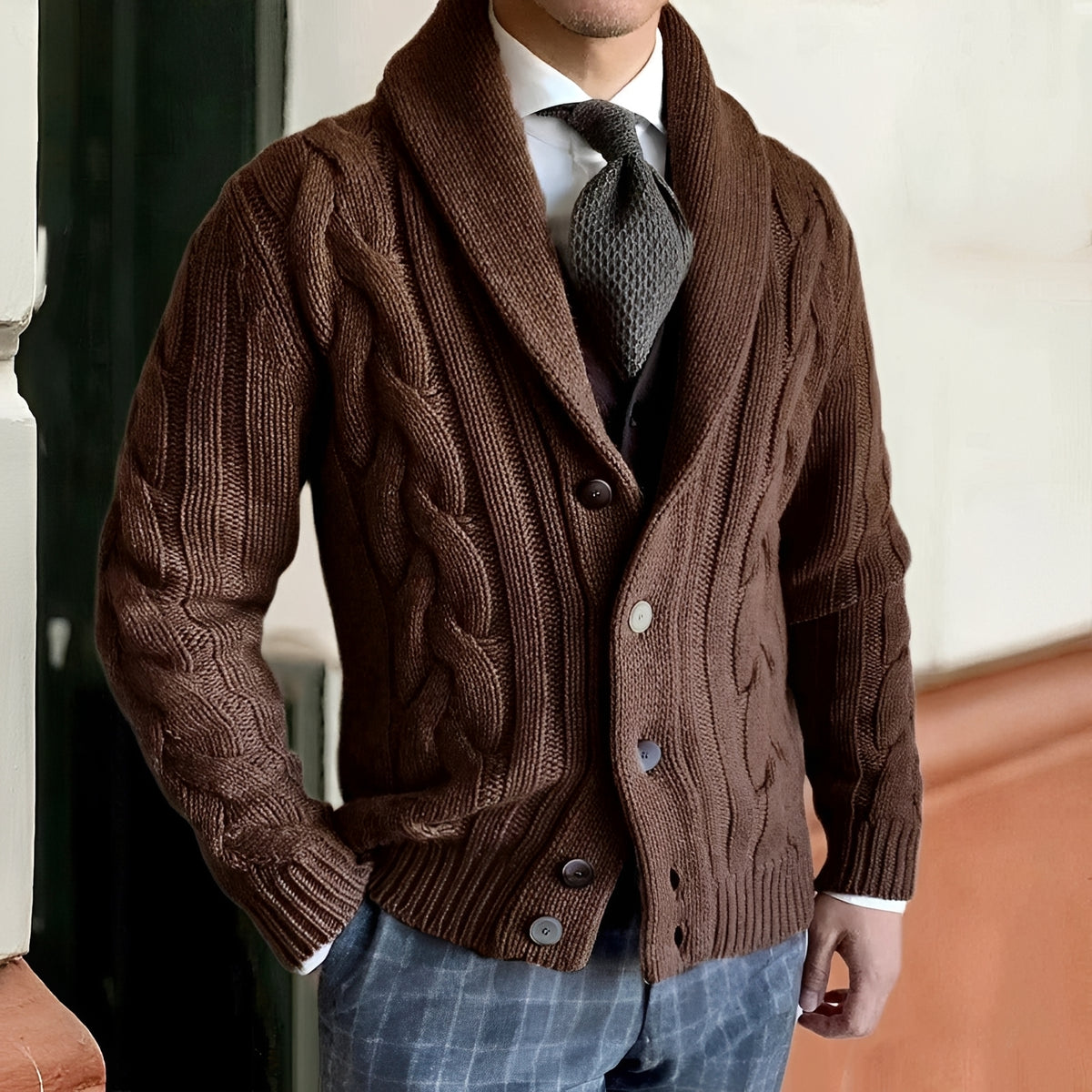 Cardigan masculino de tricô com gola xale e fechamento de botões - corte regular