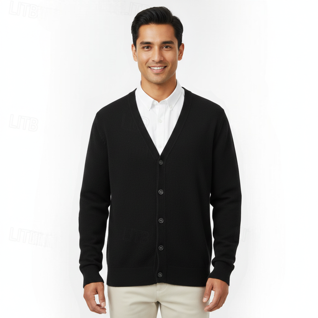 Cardigan masculino de tricô com V-neck, fechamento de botões e corte regular