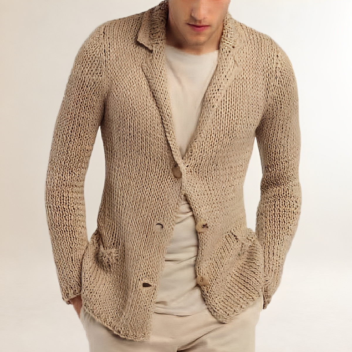 Cardigan masculino estilo blazer com lapela bolso de aba reta ajuste regular