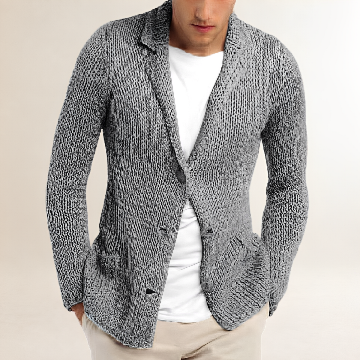 Cardigan masculino estilo blazer com lapela bolso de aba reta ajuste regular