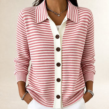 Cardigan Mulher com gola Polo e abertura frontal de botões - riscas horizontais finas, manga longa, comprimento hip