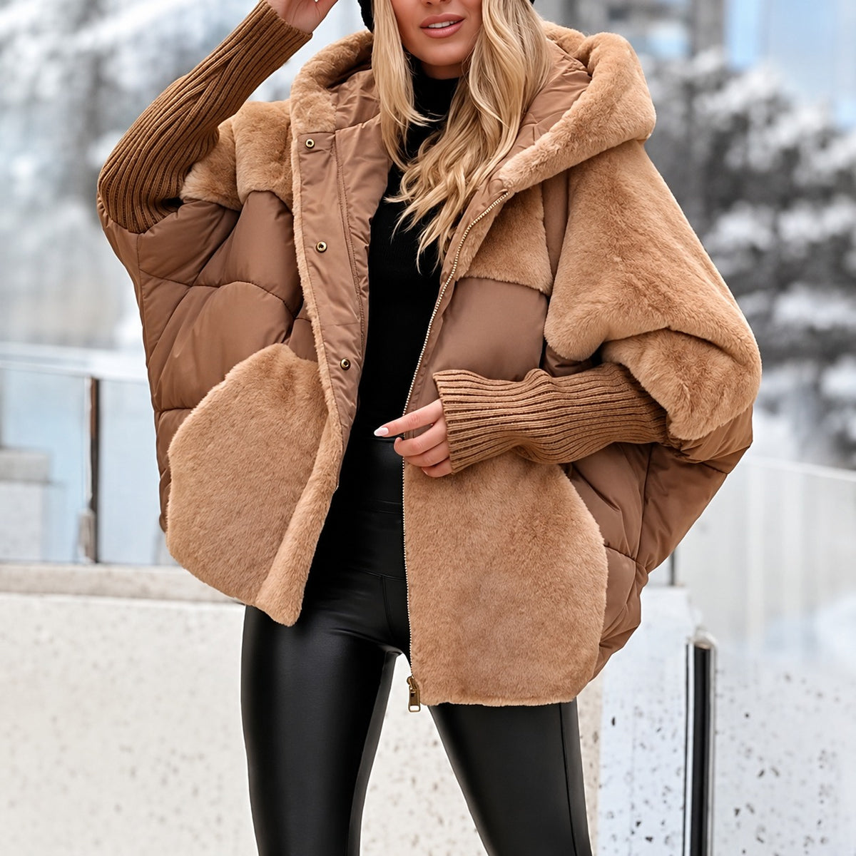 Casaco acolchoado feminino com capuz, fechamento de zíper e caimento oversized