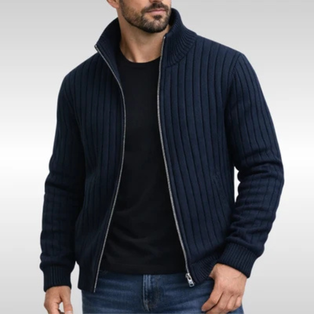 Casaco cardigan masculino com zíper completo e gola alta