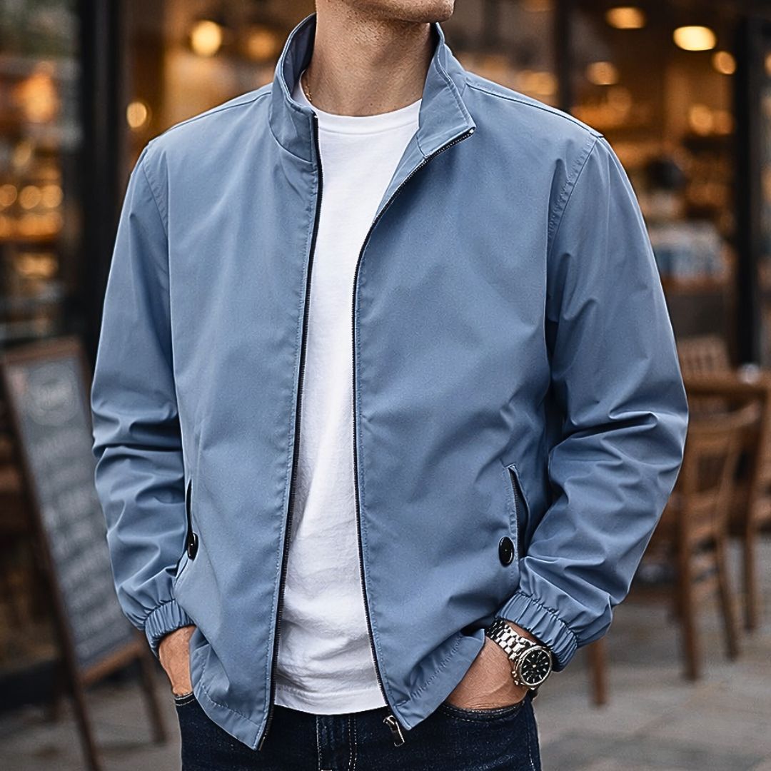 Casaco casual masculino com fechamento de zíper, punhos elásticos e corte regular