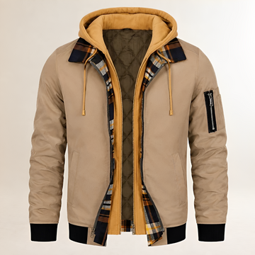 Casaco Dapper Masculino: jaqueta bomber com capuz duplo, zíper frontal e bolso de braço