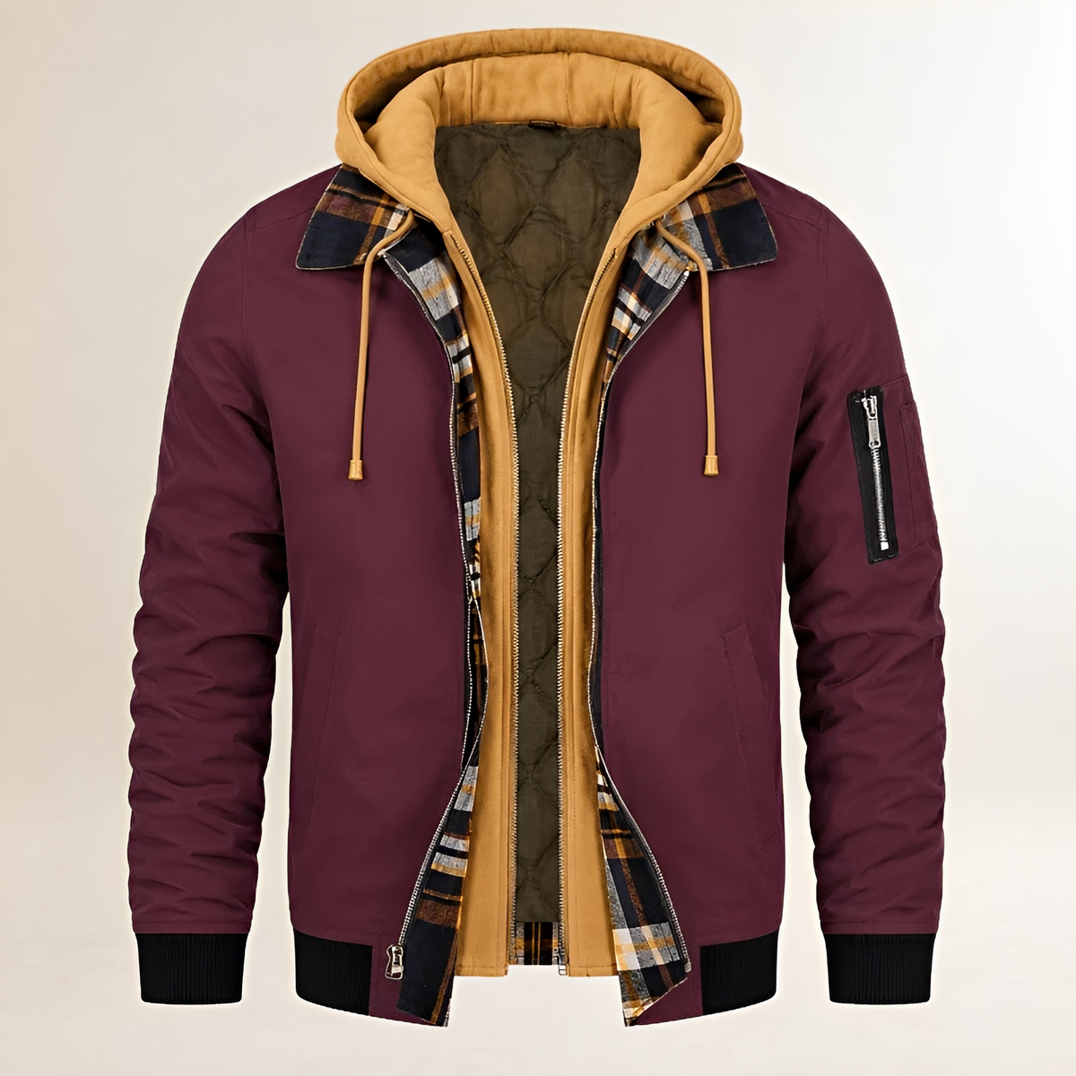 Casaco Dapper Masculino: jaqueta bomber com capuz duplo, zíper frontal e bolso de braço