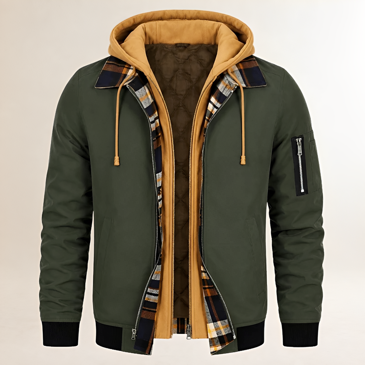 Casaco Dapper Masculino: jaqueta bomber com capuz duplo, zíper frontal e bolso de braço