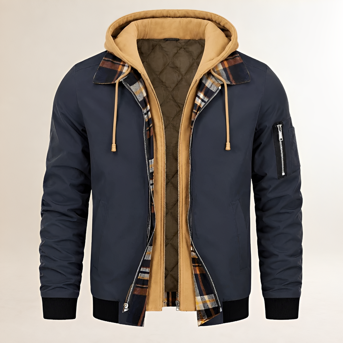 Casaco Dapper Masculino: jaqueta bomber com capuz duplo, zíper frontal e bolso de braço