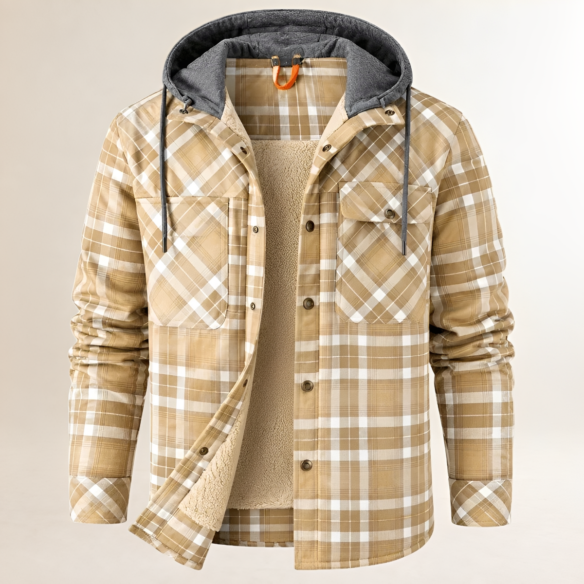 Casaco Dapper para homens com capuz e fechamento de pressão — bolso peitoral com aba