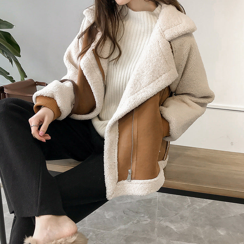 Casaco de peluche para mulher – Gola larga, bolsos com fecho, modelagem oversized
