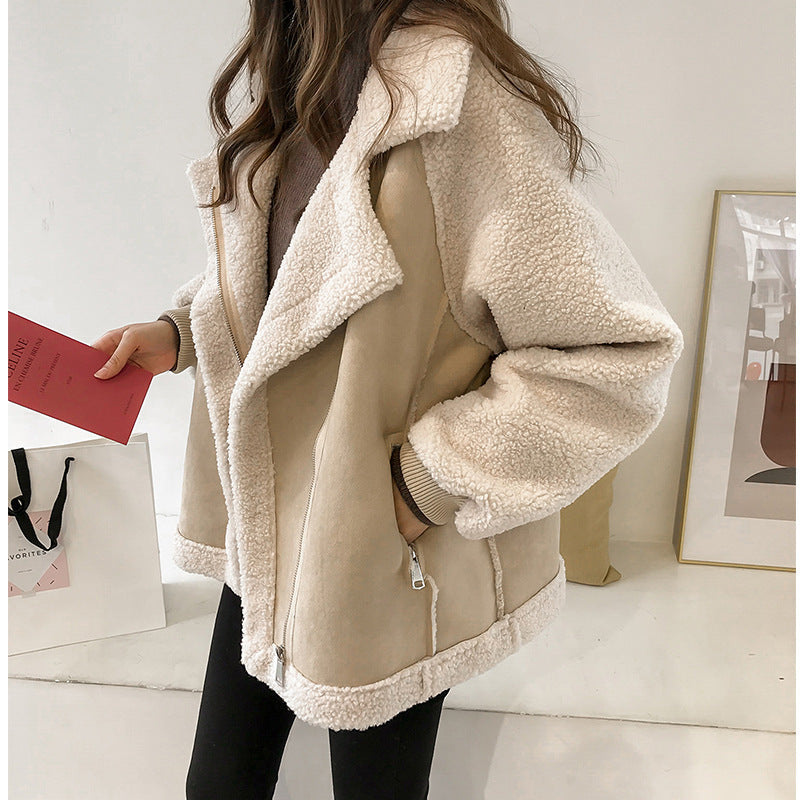 Casaco de peluche para mulher – Gola larga, bolsos com fecho, modelagem oversized