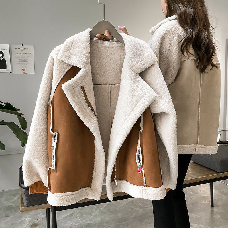 Casaco de peluche para mulher – Gola larga, bolsos com fecho, modelagem oversized
