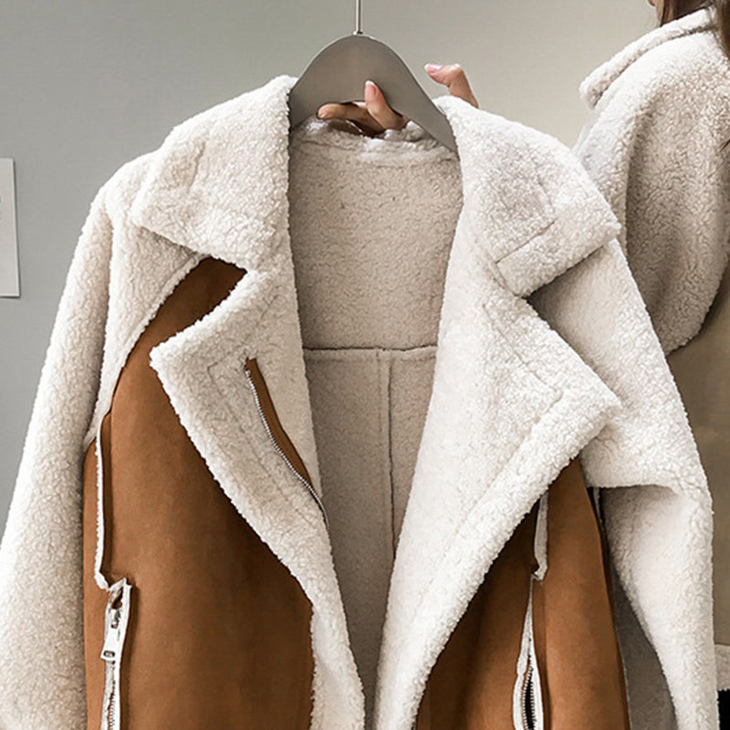 Casaco de peluche para mulher – Gola larga, bolsos com fecho, modelagem oversized