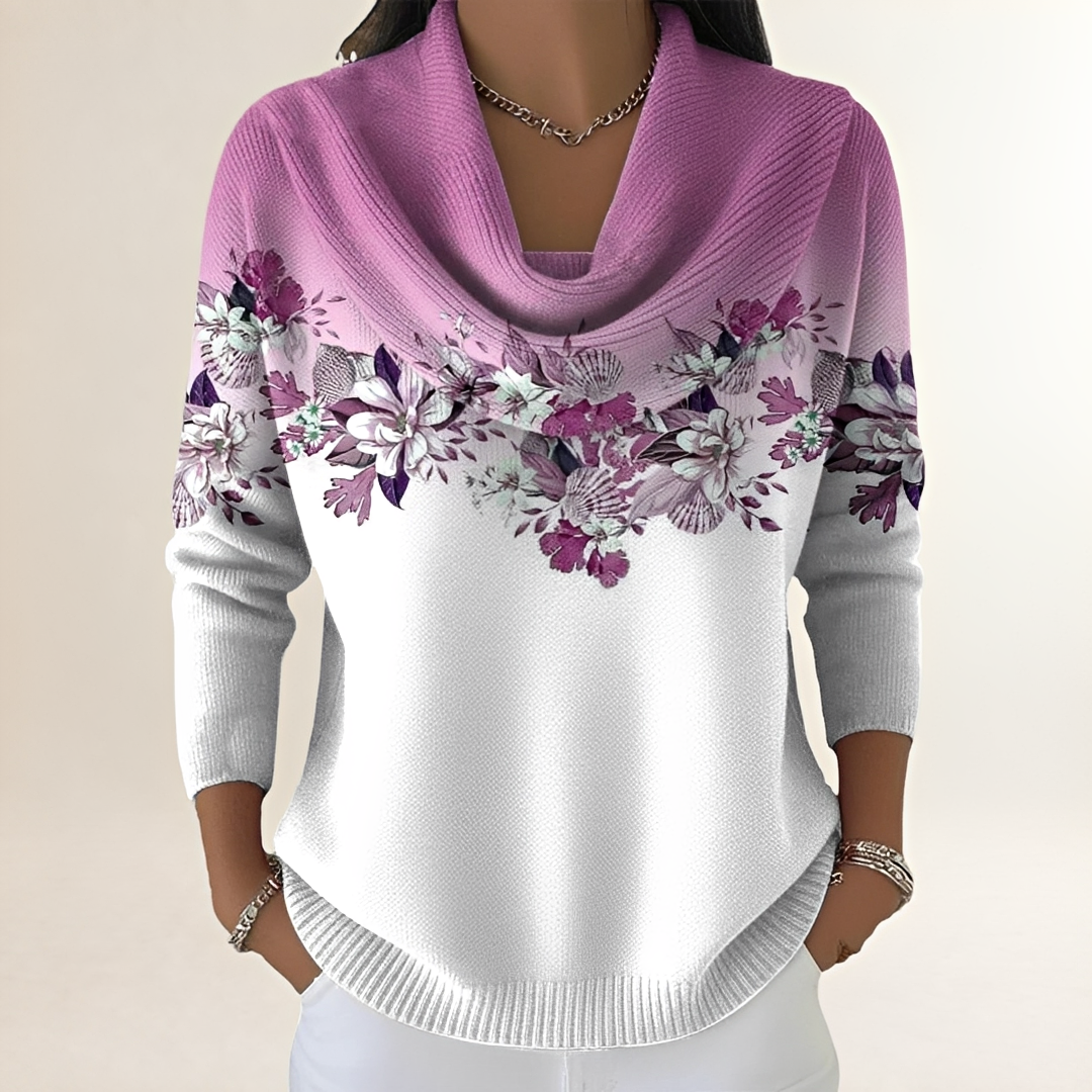Casaco feminino com gola drapeada e yoke floral - corte relaxado
