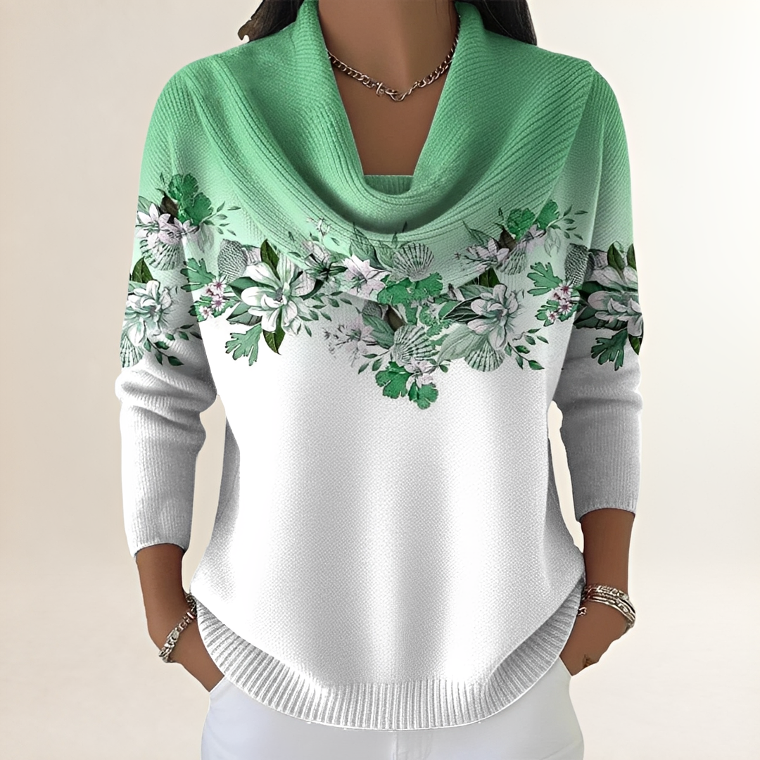 Casaco feminino com gola drapeada e yoke floral - corte relaxado
